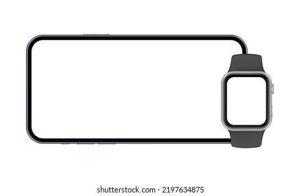 Smartphone With Blank Horizontal Screen and Smart Watch, Isolated on White Background. Vector Illustration