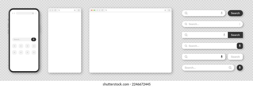 Smartphone, blank internet browser window with various search bar templates. Web site engine with search box, address bar and text field. UI design, website interface elements. Vector illustration