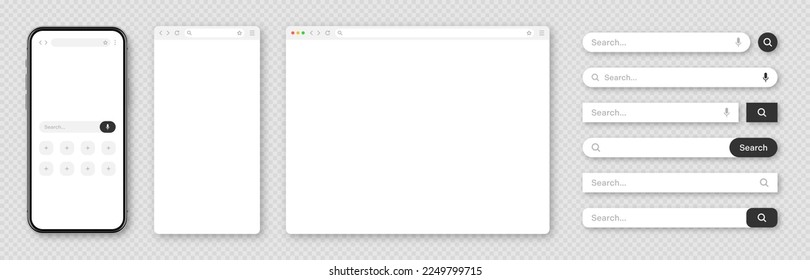 Smartphone, blank internet browser window with various search bar templates. Web site engine with search box, address bar and text field. UI design, website interface elements. Vector illustration