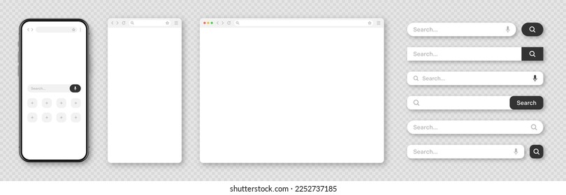 Smartphone, blank internet browser window with various search bar templates. Web site engine with search box, address bar and text field. UI design, website interface elements. Vector illustration