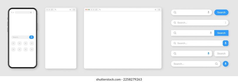 Smartphone, ventana de navegador de Internet en blanco con varias plantillas de barra de búsqueda. Motor de sitios Web con cuadro de búsqueda, barra de direcciones y campo de texto. diseño de interfaz de usuario, elementos de interfaz de sitio web. Ilustración del vector