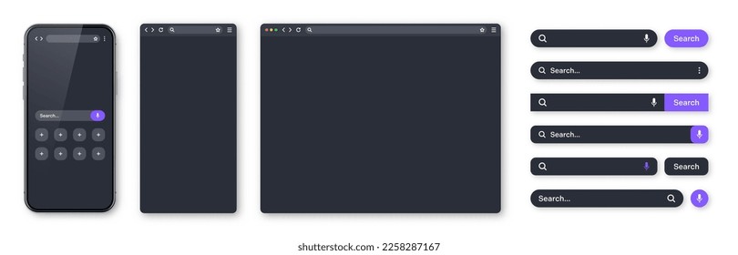 Smartphone, blank internet browser window and search bar templates, dark mode. Web site engine with search box, address bar and text field. UI design, website interface elements. Vector illustration