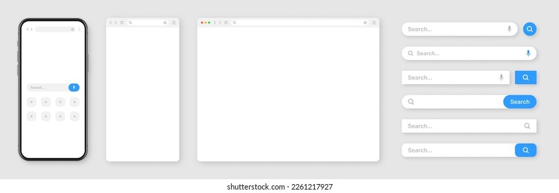 Smartphone, blank internet browser window with various search bar templates. Web site engine with search box, address bar and text field. UI design, website interface elements. Vector illustration