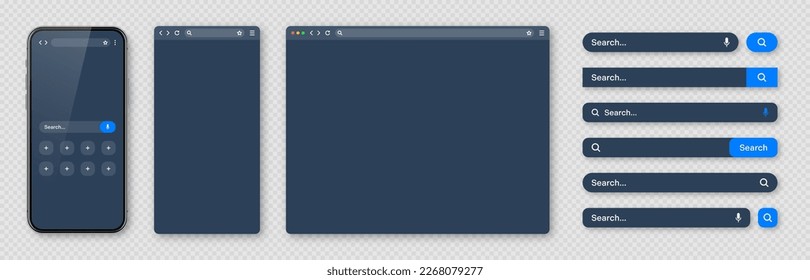 Smartphone, blank internet browser window and search bar templates, dark mode. Web site engine with search box, address bar and text field. UI design, website interface elements. Vector illustration