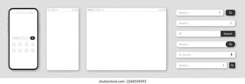 Smartphone, blank internet browser window with various search bar templates. Web site engine with search box, address bar and text field. UI design, website interface elements. Vector illustration