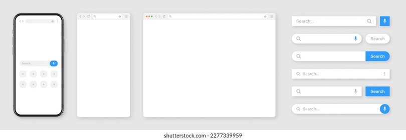 Smartphone, blank internet browser window with various search bar templates. Web site engine with search box, address bar and text field. UI design, website interface elements. Vector illustration