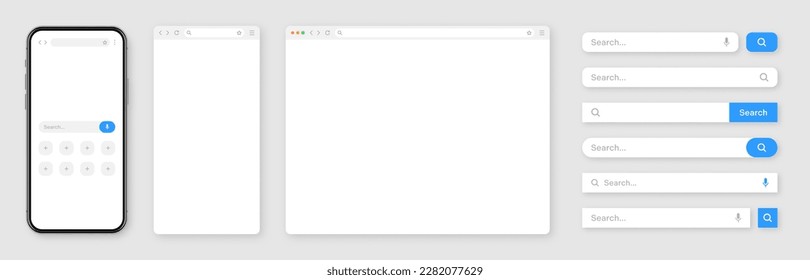 Smartphone, leeres Internet-Browser-Fenster mit verschiedenen Suchleiste Vorlagen. Website-Engine mit Suchfeld, Adressleiste und Textfeld. UI-Design, Website-Interface-Elemente. Vektorgrafik