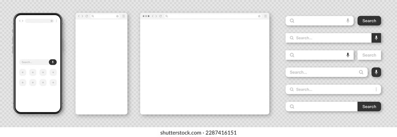 Smartphone, blank internet browser window with various search bar templates. Web site engine with search box, address bar and text field. UI design, website interface elements. Vector illustration