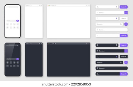 Smartphone, blank internet browser window with various search bars. Web site engine with search box, address bar and text field. UI design, website interface. Dark, light modes. Vector illustration