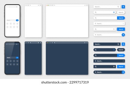 Smartphone, blank internet browser window with various search bars. Web site engine with search box, address bar and text field. UI design, website interface. Dark, light modes. Vector illustration
