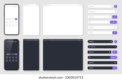 Smartphone, blank internet browser window with various search bars. Web site engine with search box, address bar and text field. UI design, website interface. Dark, light modes. Vector illustration