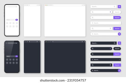 Smartphone, blank internet browser window with various search bars. Web site engine with search box, address bar and text field. UI design, website interface. Dark, light modes. Vector illustration