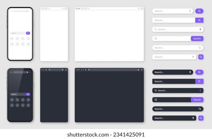Smartphone, blank internet browser window with various search bars. Web site engine with search box, address bar and text field. UI design, website interface. Dark, light modes. Vector illustration