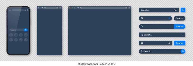 Smartphone, blank internet browser window and search bar templates, dark mode. Web site engine with search box, address bar and text field. UI design, website interface elements. Vector illustration