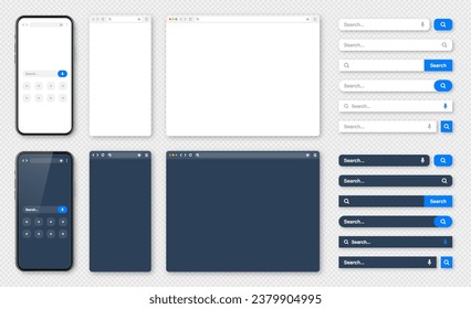 Smartphone, blank internet browser window with various search bars. Web site engine with search box, address bar and text field. UI design, website interface. Dark, light modes. Vector illustration