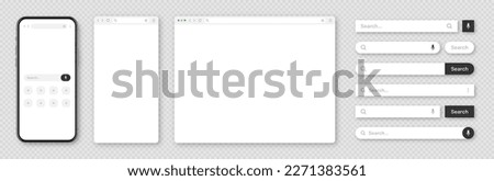 Smartphone, blank internet browser window with various search bar templates. Web site engine with search box, address bar and text field. UI design, website interface elements. Vector illustration