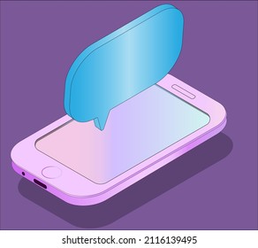 Smartphone mit einer leeren Nachricht auf violettem Hintergrund. Geben Sie Platz für Text ein. Mobiltelefon in isometrischer Form