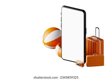 Smartphone con pantalla en blanco y accesorios de playa en la arena de la representación 3D de las vacaciones de verano