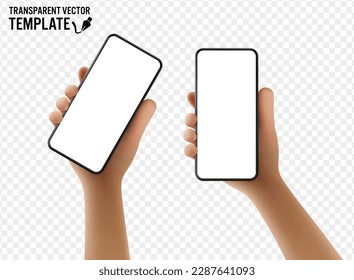 Smartphone with a blank screen in cartoon style hands - transparent background in vector format.