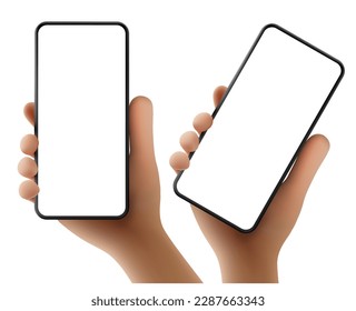 Smartphone with a blank screen in cartoon style hands - transparent background in vector format. the horizontal and angled position