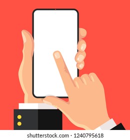 Smartphone with blank screen. Hand holding mobile phone with white screen. Modern flat design. Vector illustration