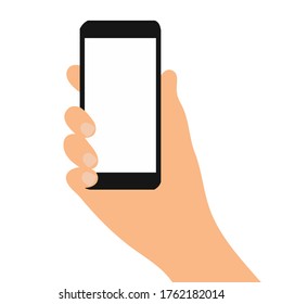 Smartphone con pantalla en blanco en la mano. Mano aislada con teléfono de fondo blanco. Diseño plano de teléfonos móviles móviles