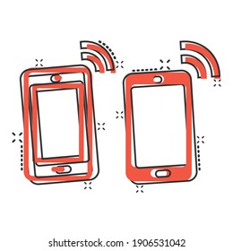 Smartphone blank screen icon in comic style. Mobile phone cartoon vector illustration on white isolated background. Telephone splash effect business concept.