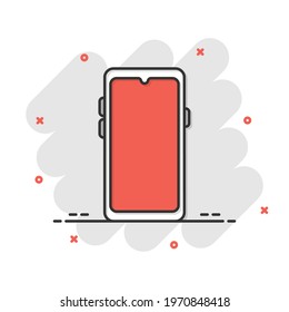 Smartphone blank screen icon in comic style. Mobile phone cartoon
vector illustration on white isolated background. Telephone splash effect business concept.