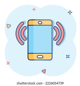 Smartphone blank screen icon in comic style. Mobile phone cartoon vector illustration on white isolated background. Telephone splash effect business concept.