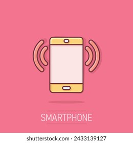 Smartphone blank screen icon in comic style. Mobile phone cartoon vector illustration on isolated background. Telephone splash effect business concept.