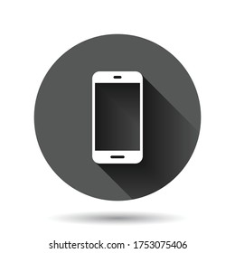 Smartphone blank screen icon in flat style. Mobile phone vector illustration on black round background with long shadow effect. Telephone circle button business concept.