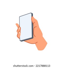 Smartphone with blank screen, isolated hand holding and showing touchscreen of mobile phone. Empty copy space for text mockup. Vector in flat cartoon style