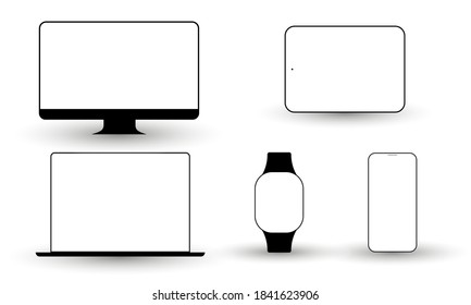 Smartphone blank screen, laptop, tablet, desktop computer display screen, watch. Mock up device on white background. Vector isolated illustration for gadgets device design or presentation.