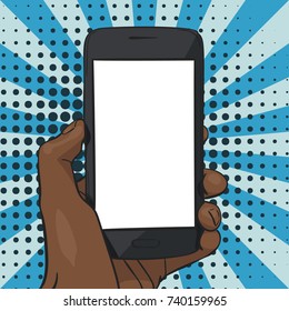 Smartphone with blank screen in left black afro hand, Vector illustration in retro style on pop art background of rays and halftone dots