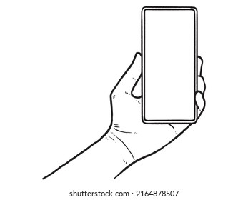 La pantalla en blanco del Smartphone se burla de la mano de un hombre de negocios. aislado de fondo blanco. estilo garabato.
