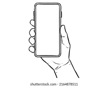 Smartphone blank screen mock up holding in businessman hand. isolated on white background. doodle style.