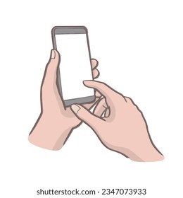 Smartphone with blank screen mockup in hand, touchscreen gesture, digital mobile device illustration