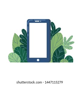 Smartphone with blank screen on a background of different cartoon trees. Trendy flat vector concept illustration. Design template, mockup.