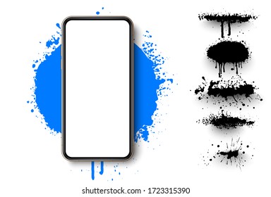 Smartphone blank screen, phone mockup. The view from the top of the phone on a blue spot. Template for infographics or presentation UI/UX design interface. Ink splatter. Dirty brush splatter stains.