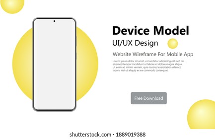 Smartphone blank screen, phone mockup with trendy yellow circle. Device model. Modern template for infographics or presentation UI design interface. Vector isolated illustration.