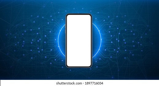 Smartphone blank screen, phone mockup. Futuristic Sci Fi elegant modern Neon glowing Circle. Blue neon abstract background with glowing ring shape. 