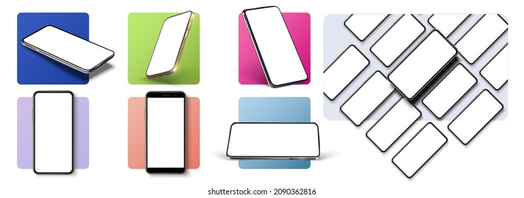 Smartphone blank screen, phone mockup. Realistic phone mockup. Smartphone blank screen, phone mockup. 3D template illustration set. Communication mean, modern gadget model presentation.