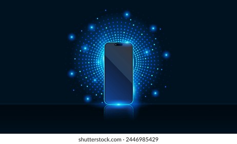 Smartphone blank screen and phone mockup with futuristic modern Neon glowing small circle dot background. Blue neon High tech concept with mobile phone. Vector.