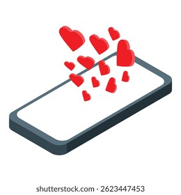 Smartphone with blank screen showing love spreading with hearts floating, isometric view
