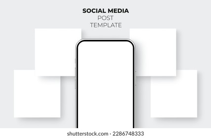 Smartphone With Blank Screen and Square Templates for Social Media Posts Design. Vector Illustration