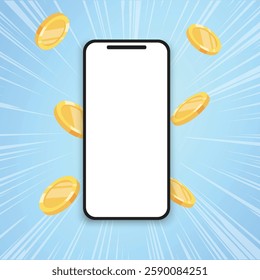 A smartphone with a blank screen is surrounded by golden coins on a bright blue background, symbolizing digital payments, online transactions, or mobile earnings.