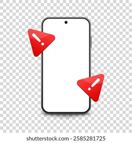 Smartphone with blank screen and warning sign on isolated background, vector illustration. Important notification message.