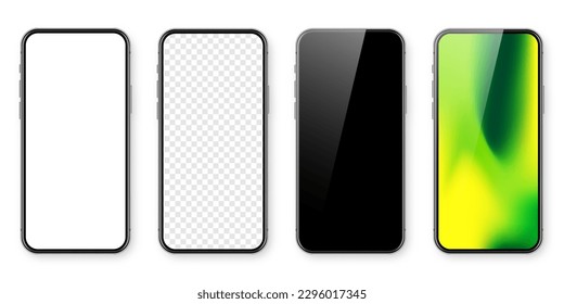 Smartphone with blank touch screen and abstract colorful background, wallpaper. Frameless mobile phone in front view. High quality detailed device mockup. Vector illustration