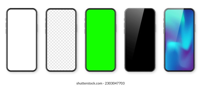 Smartphone with blank touch screen and abstract colorful wallpaper, green chroma key background. Frameless mobile phone in front view. High quality detailed device mockup. Vector illustration