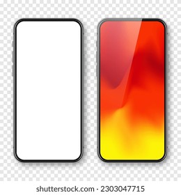 Smartphone with blank touch screen and abstract colorful background, wallpaper. Frameless mobile phone in front view. High quality detailed device mockup. Vector illustration